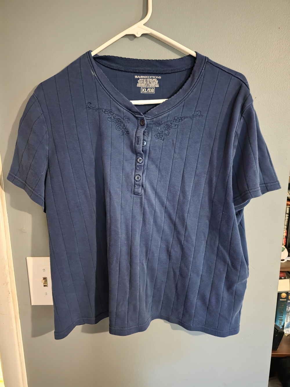 Basic Editions Navy Short-Sleeve Henley with Embroidered Yoke